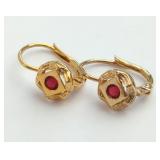 10K Yellow Gold Leverback Earrings with Red Stones