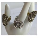 Three Costume Rhinestone Rings