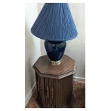 Wooden End Table and Blue Lamp Set