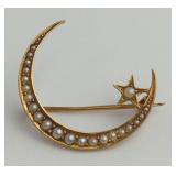 14K Gold Crescent Moon Brooch with Pearls