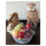 Decorative Owl Figurine, Girl Statue, and Glass Bo