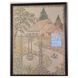 Framed Embroidered Rustic Cottage Scene