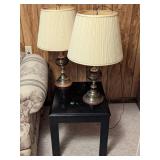 Wood Side Table With Two Brass Lamps