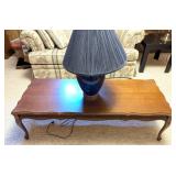 Wood Table and Blue Lamp Pair