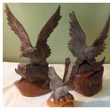 Three Hand-Carved Wooden Eagle Sculptures