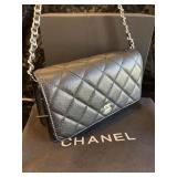 Designer Style Quilted Black Wallet on Chain