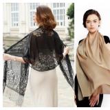 Women's Shawl/Scarfs Black Floral & Beige 2 Pcs