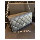 Designer Style Quilted Black Wallet on Chain