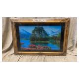 Vintage Light Up Mountain Lake Scene Picture