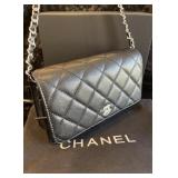 Designer Style Quilted Black Wallet on Chain