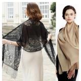 Women's Shawl/Scarfs Black Floral & Beige