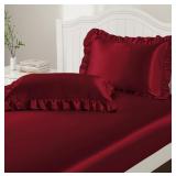 3-piece Satin Red Ruffle Pillowcases & Sheet Queen