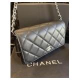 Designer Style Quilted Black Wallet on Chain