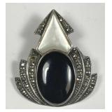 Sterling Coral & Pearl Cabochon Marcasite Brooch