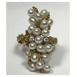 14K Gold Pearl & Diamond Cluster Ring Sz 6.5