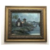 Vintage Reverse Painting on Glass Church Scene