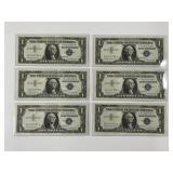 Six 1957 $1 Silver Certificate Consecutive CU