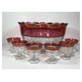 Cranberry Red & Clear Glass Punch Bowl Set