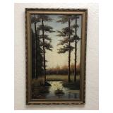 Antique Oil on Canvas Forest Scene Framed Painting
