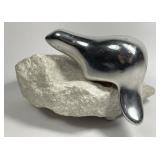 Metallic Silver Seal on White Rock Table Sculpture