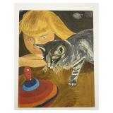 E. Valassky Girl & Cat Original Oil on Board