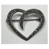 Sterling Silver Marcasite Heart Brooch Pin