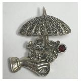 Sterling Silver Marcasite Umbrella Brooch SIgned