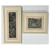 Pair Susan Stark Etchings Framed Cat & Birds