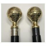 Globe Earth Brass Handle Walking Stick Pair
