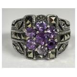 Sterling Silver Amethyst & Marcasite Ring Sz 7