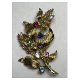 Sterling Leaves & Gemstones Gold Vermeil Brooch