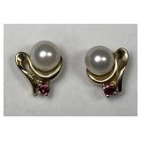 14K Gold Pearl & Ruby Earrings