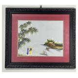 Asian River Scene Original Silk Yarn Art, Framed