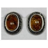 Sterling Silver Oval Amber Cabochon Clip Earrings