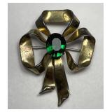 Vintage Sterling Ribbon Gold Toned Gem Brooch