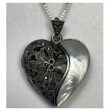 Sterling MOP Marcasite Locket Necklace 18" Chain