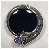 Modern Contemporary Sterling Amethyst Onyx Pin