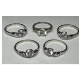 Five Sterling Silver Moissanite/CZ Rings Sz 6-10
