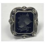 Vintage Silver Black Onyx Intaglio Ring Sz 6