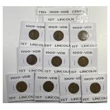 Lot of Ten First Year Issue 1909 VDB Lincoln Cents