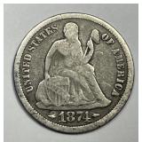 1874 Seated Liberty Silver Dime Good G