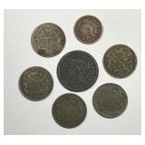 Lot of 7 Old Copper Coins Large Cent & Two Cents