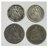 Lot of 4 Seated Liberty Coinage Half Dimes & Dimes