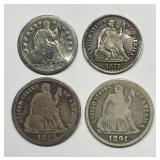 Lot of 4 Seated Liberty Coinage Half Dimes & Dimes