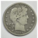 1894 Barber Silver Half Very Good VG