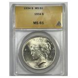 1934 Peace Silver $1 ANACS MS61
