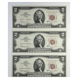 Trio of 1953-A $2 Red Seal US Notes AA Block CU