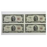 Four 1953 & 1953-A Red Seal $2 US Notes VF/XF