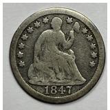 1847 Seated Liberty Silver Half Dime H10c Good
