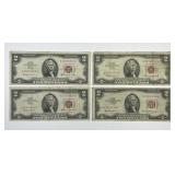 4 Various 1963 Red Seal $2 US Notes All AA Block